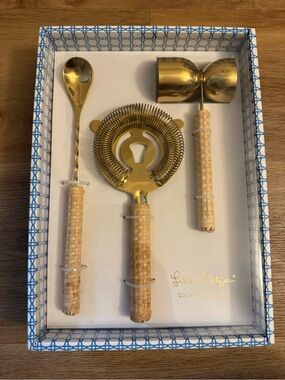 Lilly Pulitzer Gold Bar Tool Set with Beige Woven Handles